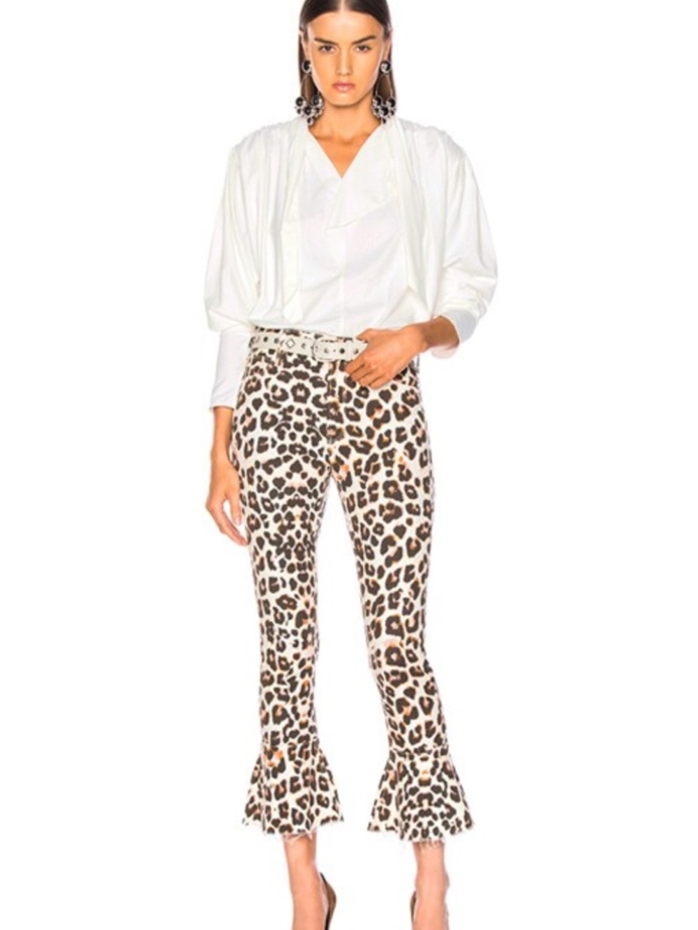 Mother Denim Leopard Print The Cha Cha Fray Mid Rise Flare Jeans Brown White 24